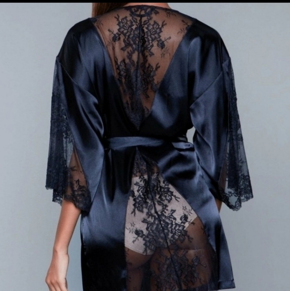 New! Black Satin Robe with Lace Trim - Picture 2 of 4